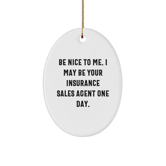 Funny Insurance Sales Agent Gifts from Friends - 'Be Nice To Me' Oval Ornament for Christmas - Victory Thru Vision