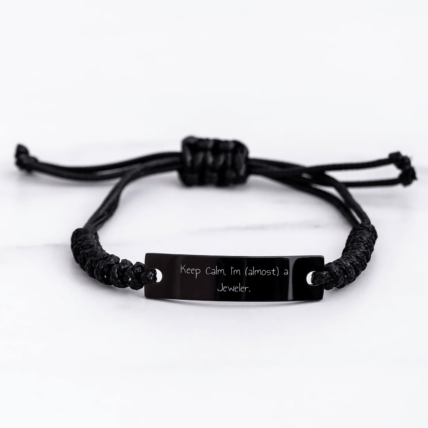 Funny Jeweler Gifts, Keep Calm I'm Almost A Jeweler Rope Bracelet, Adjustable Black Stainless Steel, Father's Day Unique Gifts from Men to Jeweler Friends - Victory Thru Vision 