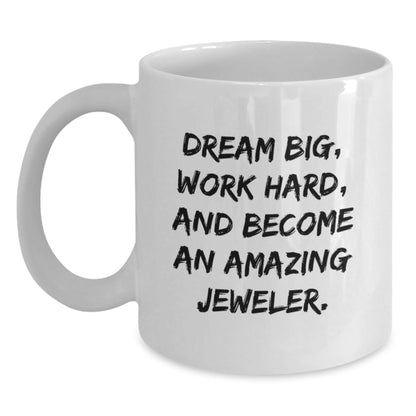 Funny Jeweler Gifts, White Coffee Mug for Birthday with Inspirational Quote, Gifts from Friends to Become Amazing Jeweler, 11oz or 15oz Capacity, Ceramic, Microwave and Dishwasher Safe - Victory Thru Vision