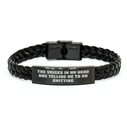 Funny Knitting Gifts for Women, Interlaced Leather Bracelet for Graduation, 'The Voices In My Head Are Telling Me To Go Knitting' Quote, Gifts from Family - Unique Knitting Accessories - Victory Thru Vision