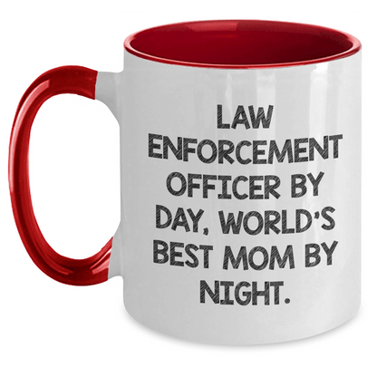 Funny Law Enforcement Officer Gifts - 'Law Enforcement Officer By Day, World's Best Mom By Night.' Two Tone Coffee Mug for Father's Day - Gifts from Mom, Gifts for Law Enforcement Officer - Victory Thru Vision 