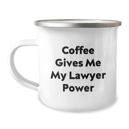 Funny Lawyer Gifts, Coffee Gives Me My Lawyer Power, Unique Birthday Unique Gifts from Friends for Lawyer, 12 oz Stainless Steel Camping Mug - 'Coffee Gives Me My Lawyer Power' - Victory Thru Vision