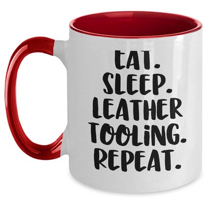 Funny Leather Tooling Gifts for Men - Eat. Sleep. Repeat. Two Tone Coffee Mug for Father's Day - Victory Thru Vision 