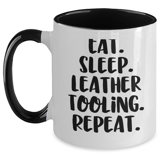 Funny Leather Tooling Gifts for Men - Eat. Sleep. Repeat. Two Tone Coffee Mug for Father's Day - Victory Thru Vision