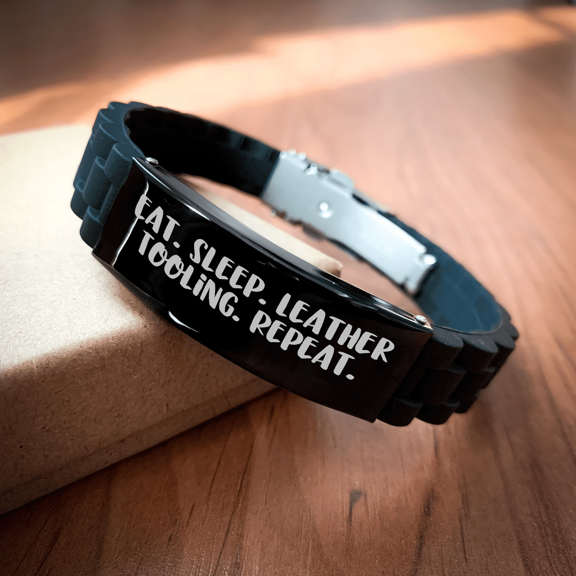 Funny Leather Tooling Gifts from Dad to Men Eat. Sleep. Leather Tooling. Repeat., Glide lock Clasp Bracelet for Father's Day - Victory Thru Vision 
