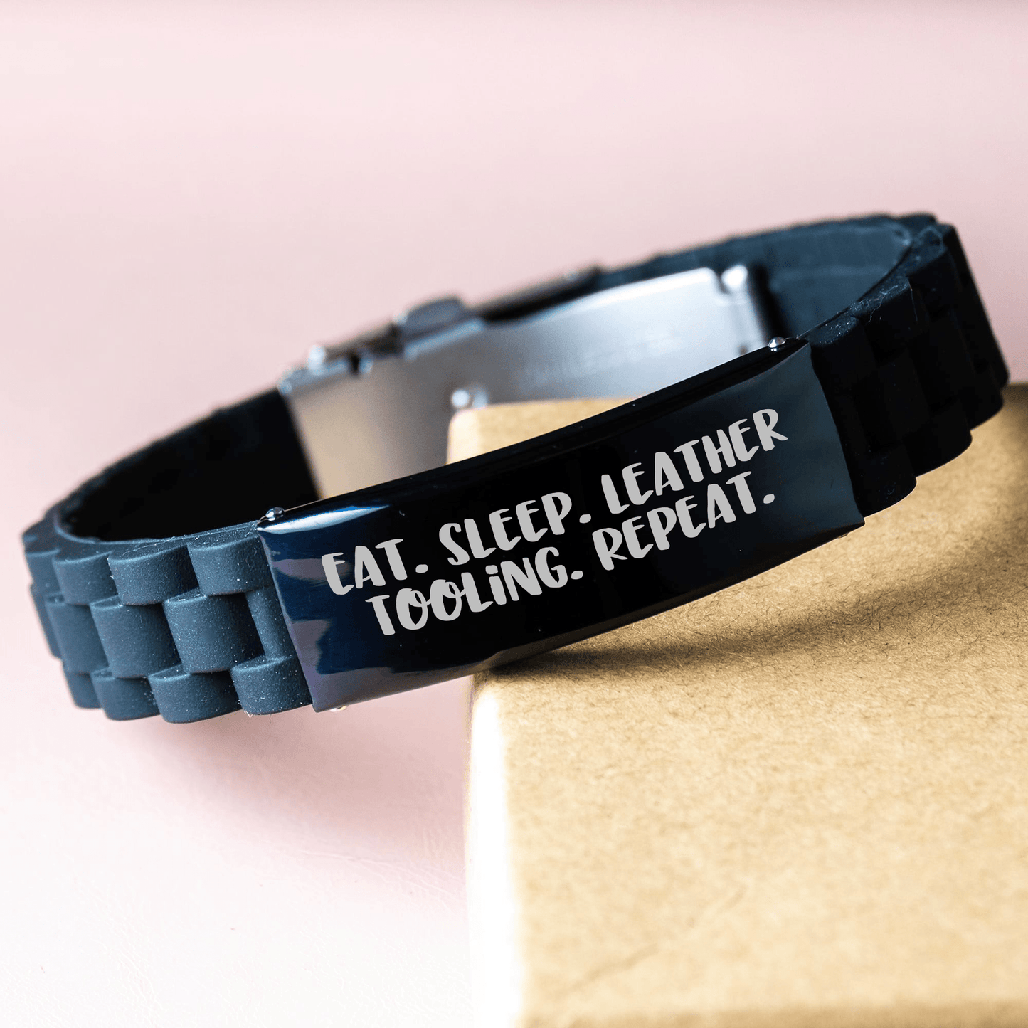 Funny Leather Tooling Gifts from Dad to Men Eat. Sleep. Leather Tooling. Repeat., Glide lock Clasp Bracelet for Father's Day - Victory Thru Vision 