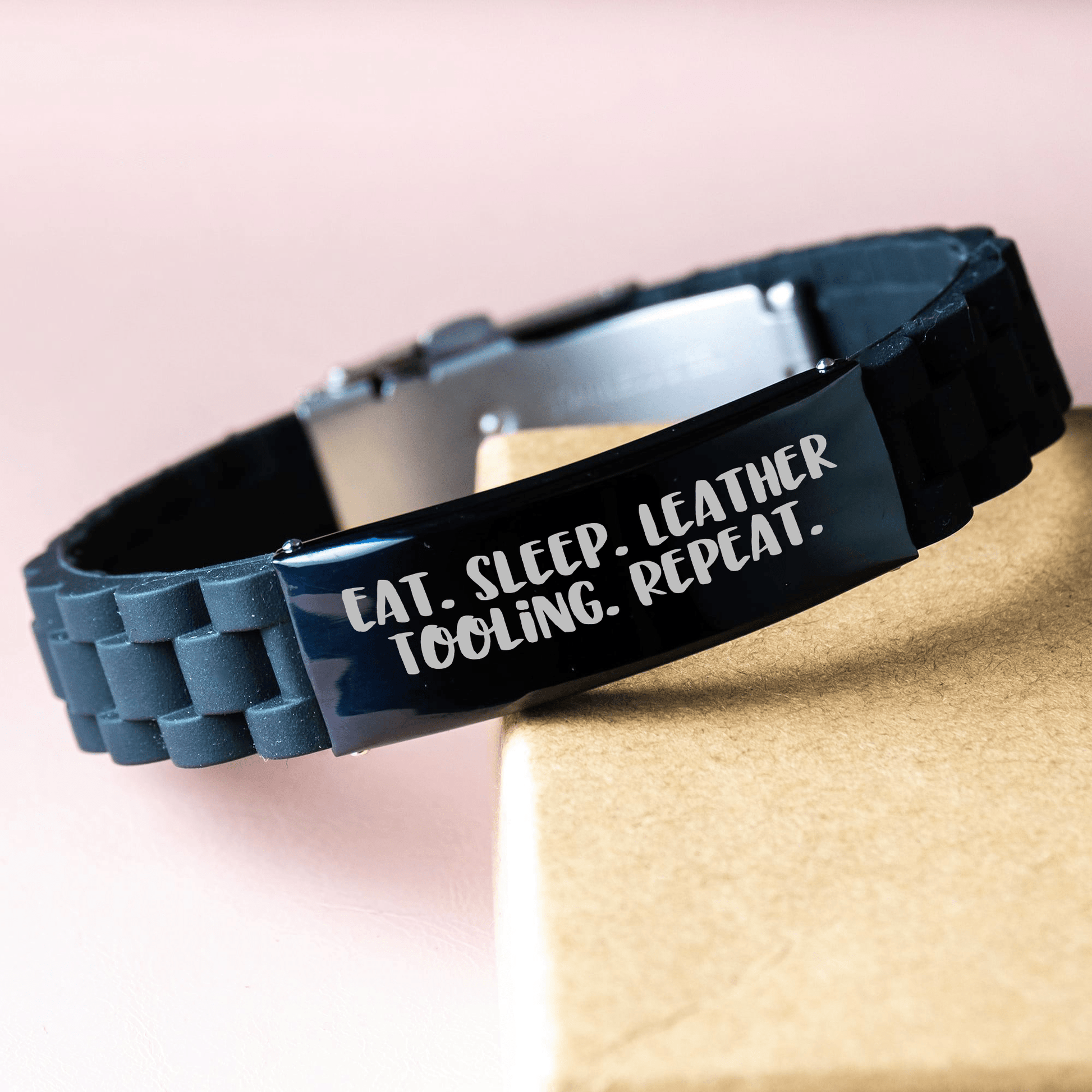 Funny Leather Tooling Gifts from Dad to Men Eat. Sleep. Leather Tooling. Repeat., Glide lock Clasp Bracelet for Father's Day - Victory Thru Vision 