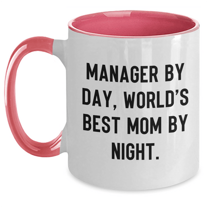 Funny Manager Gifts for Men - 'Manager By Day, World's Best Mom By Night.' Two Tone Coffee Mug, Father's Day Unique Gifts from Family - Victory Thru Vision 