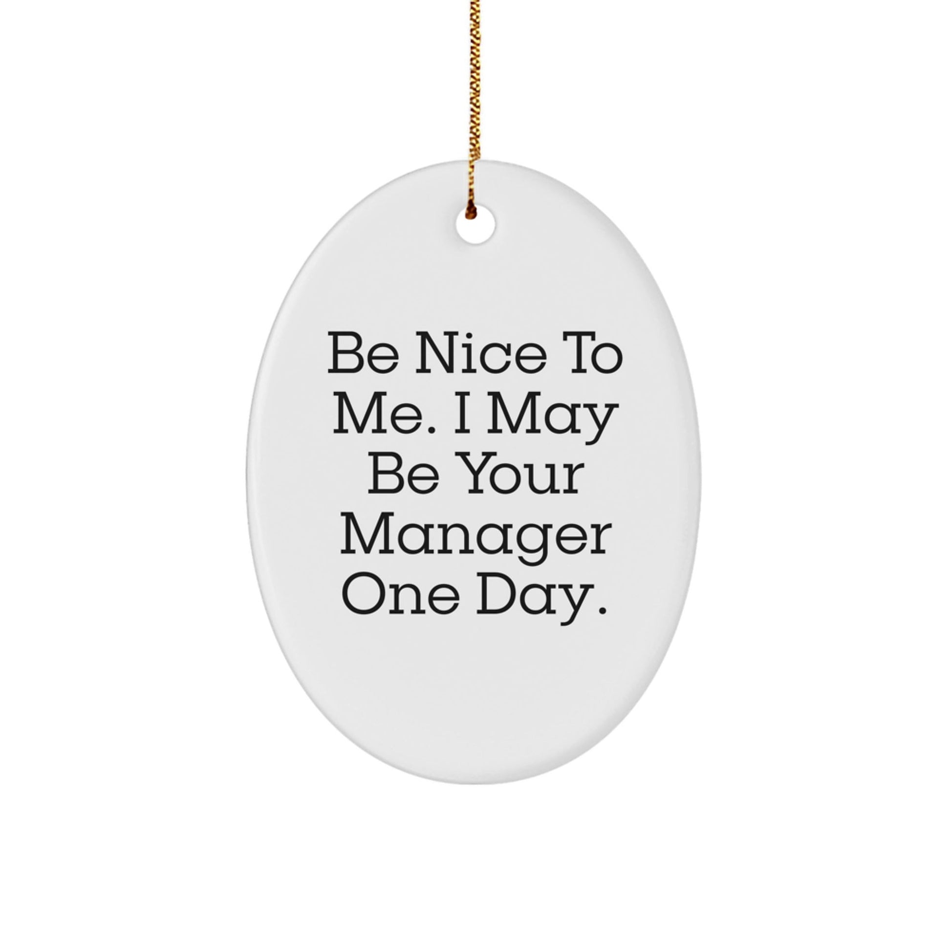 Funny Manager Gifts from Friends for Christmas Manager Oval Ornament, 'Be Nice To Me. I May Be Your Manager One Day.' - Victory Thru Vision