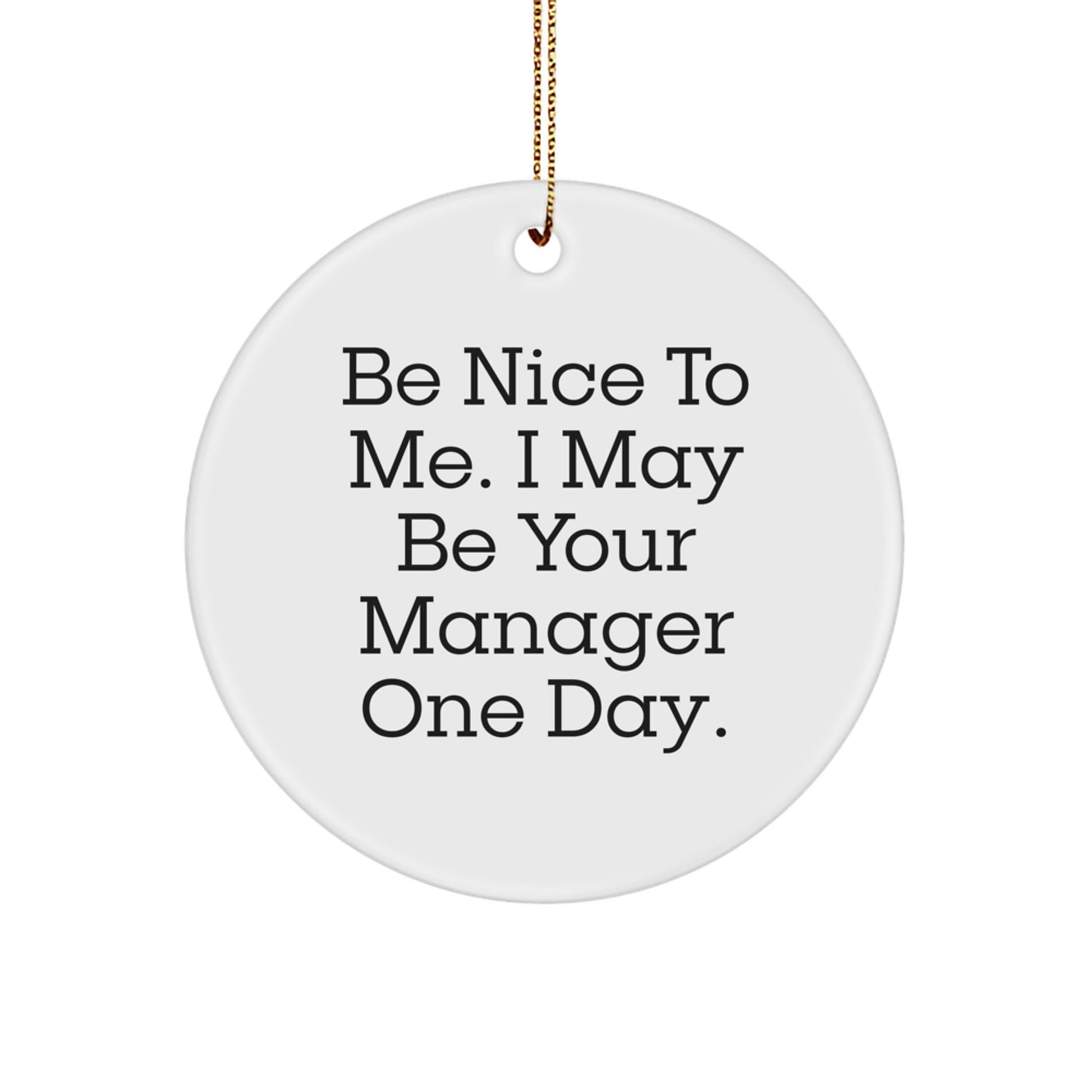 Funny Manager Gifts from Friends to Manager - Be Nice To Me. I May Be Your Manager One Day. Christmas Circle Ornament - Victory Thru Vision