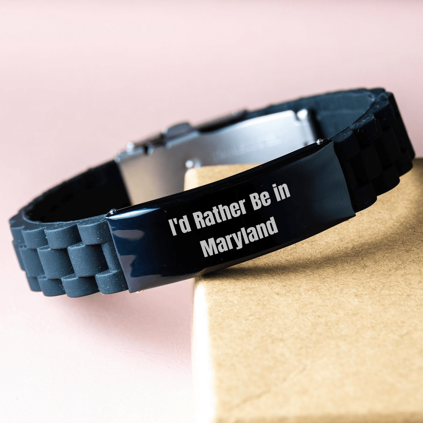 Funny Maryland Gifts for Him Her Friends Coworkers Family 'I'd Rather Be In Maryland' Glide lock Clasp Adjustable Black Stainless Steel Silicone Men Women Graduation Unique Gifts from Friends - Victory Thru Vision 