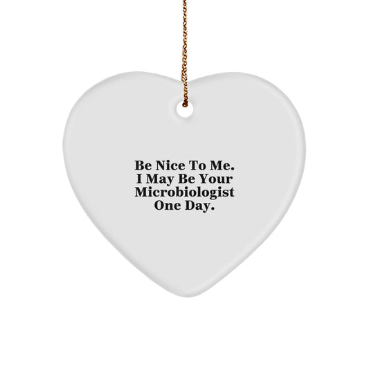 Funny Microbiologist Gifts from Friends - Be Nice To Me. I May Be Your Microbiologist One Day. Heart Ornament for Christmas - Victory Thru Vision