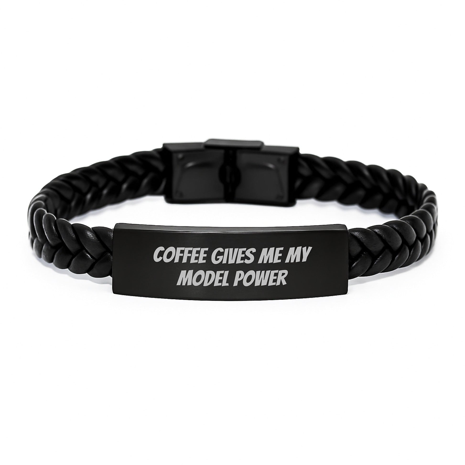 Funny Model Gifts, Coffee Gives Me My Model Power Interlaced Leather Bracelet for Birthday, Gifts from Family to Model - Victory Thru Vision