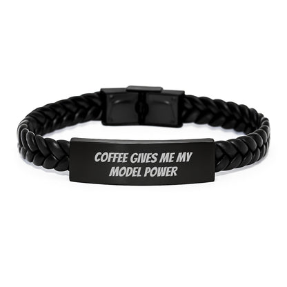 Funny Model Gifts, Coffee Gives Me My Model Power Interlaced Leather Bracelet for Birthday, Gifts from Family to Model - Victory Thru Vision