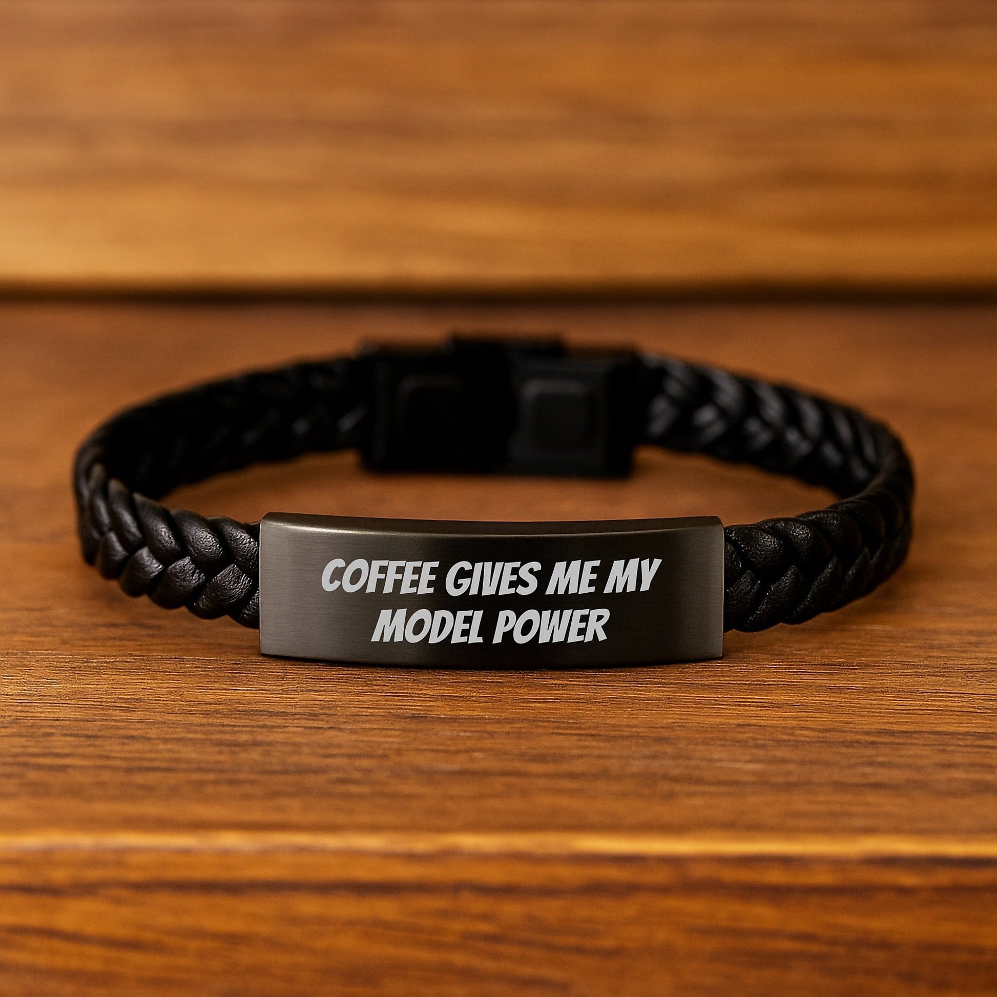 Funny Model Gifts, Coffee Gives Me My Model Power Interlaced Leather Bracelet for Birthday, Gifts from Family to Model - Victory Thru Vision