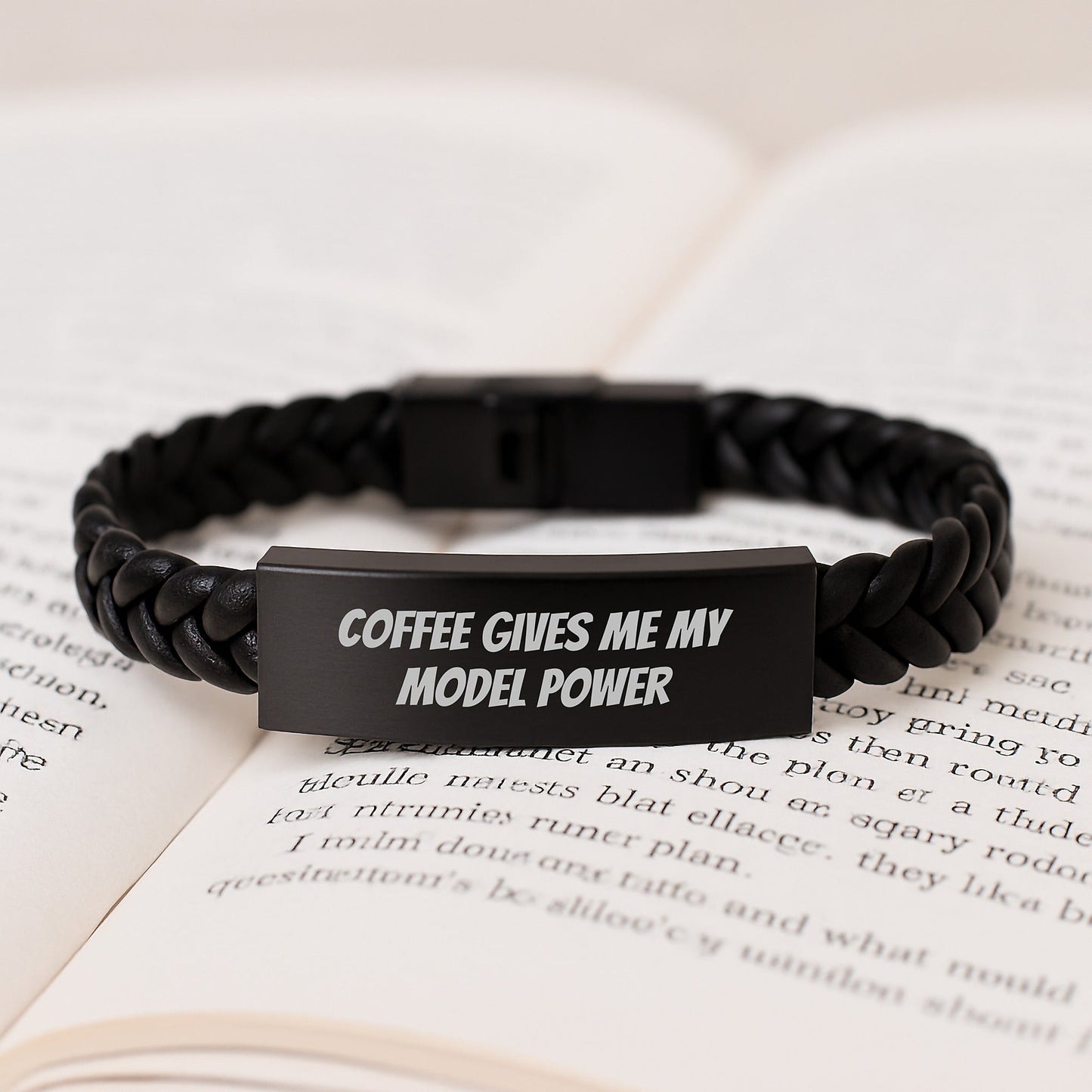 Funny Model Gifts, Coffee Gives Me My Model Power Interlaced Leather Bracelet for Birthday, Gifts from Family to Model - Victory Thru Vision