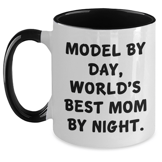 Funny Model Gifts - Model By Day, World's Best Mom By Night Two Tone Coffee Mug, Father's Day Unique Gifts from Men to Model - Victory Thru Vision 