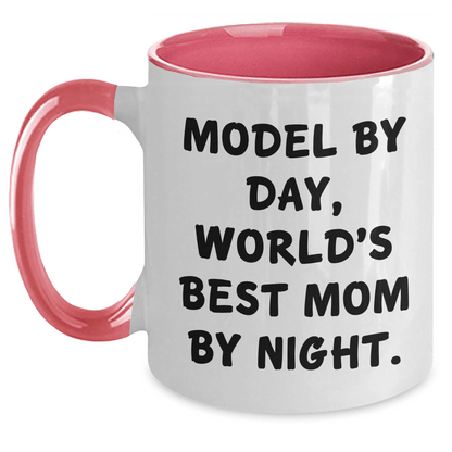 Funny Model Gifts - Model By Day, World's Best Mom By Night Two Tone Coffee Mug, Father's Day Unique Gifts from Men to Model - Victory Thru Vision 