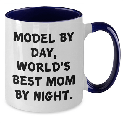 Funny Model Gifts - Model By Day, World's Best Mom By Night Two Tone Coffee Mug, Father's Day Unique Gifts from Men to Model - Victory Thru Vision 