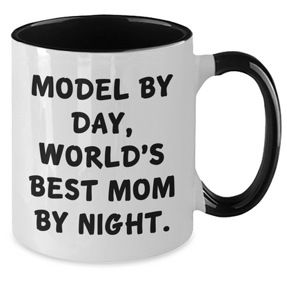 Funny Model Gifts - Model By Day, World's Best Mom By Night Two Tone Coffee Mug, Father's Day Unique Gifts from Men to Model - Victory Thru Vision 