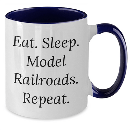 Funny Model Railroads Gifts for Him - Eat. Sleep. Model Railroads. Repeat. Two Tone Coffee Mug, Father's Day Unique Gifts from Friends or Family - Victory Thru Vision 