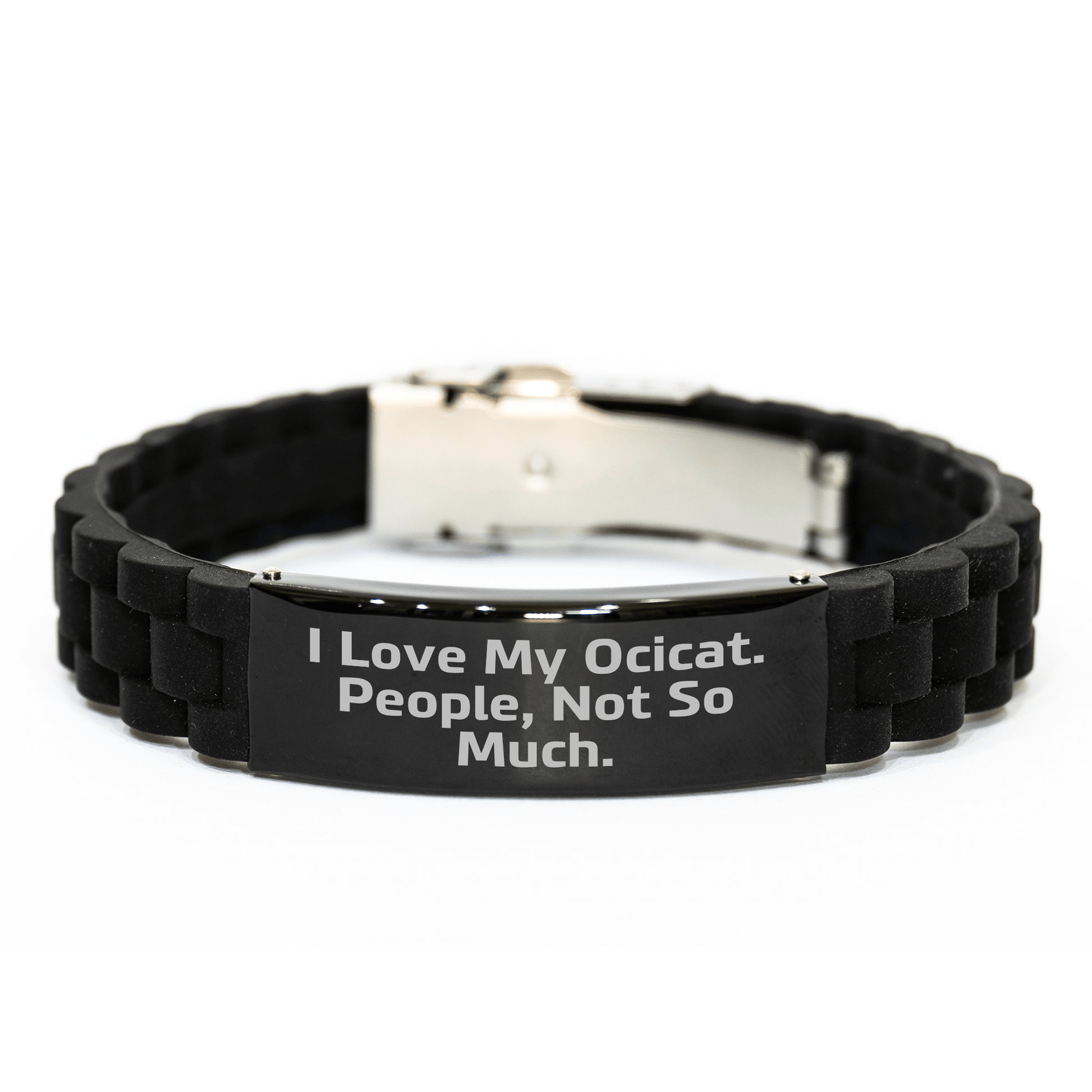 Funny Ocicat Gifts for Him, Glide lock Clasp Black Stainless Steel Silicone Adjustabe Bangle - Gifts from Friends and Family for Father's Day - Victory Thru Vision 