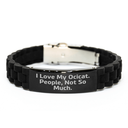 Funny Ocicat Gifts for Him, Glide lock Clasp Black Stainless Steel Silicone Adjustabe Bangle - Gifts from Friends and Family for Father's Day - Victory Thru Vision 