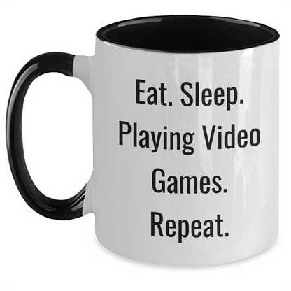 Funny Playing Video Games Humor Two Tone Coffee Mug, Gifts from Friends and Family for Men and Women, Eat. Sleep. Playing Video Games. Repeat., Father's Day Unique Present - Victory Thru Vision 