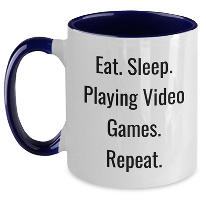 Funny Playing Video Games Humor Two Tone Coffee Mug, Gifts from Friends and Family for Men and Women, Eat. Sleep. Playing Video Games. Repeat., Father's Day Unique Present - Victory Thru Vision 