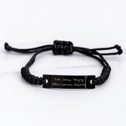 Funny Playing Video Games Rope Bracelet Gifts from Friends for Men on Father's Day - Eat. Sleep. Playing Video Games. Repeat. - Adjustable Black Stainless Steel with Interlaced Rope - Victory Thru Vision 