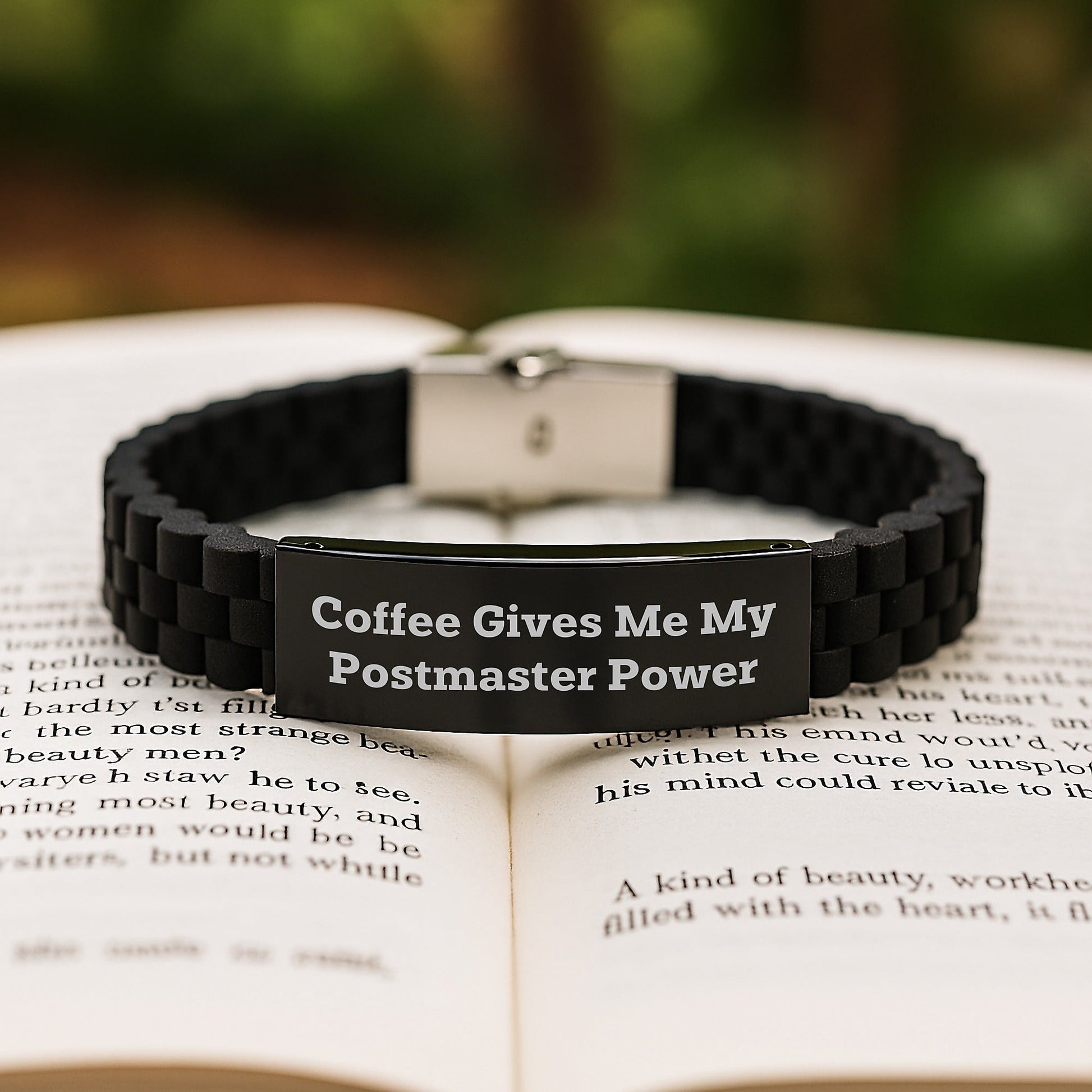 Funny Postmaster Gifts, Coffee Gives Me My Power - Glide lock Clasp Adjustable Black Stainless Steel Silicone Birthday Unique Gift from Friends to Postmaster - Victory Thru Vision