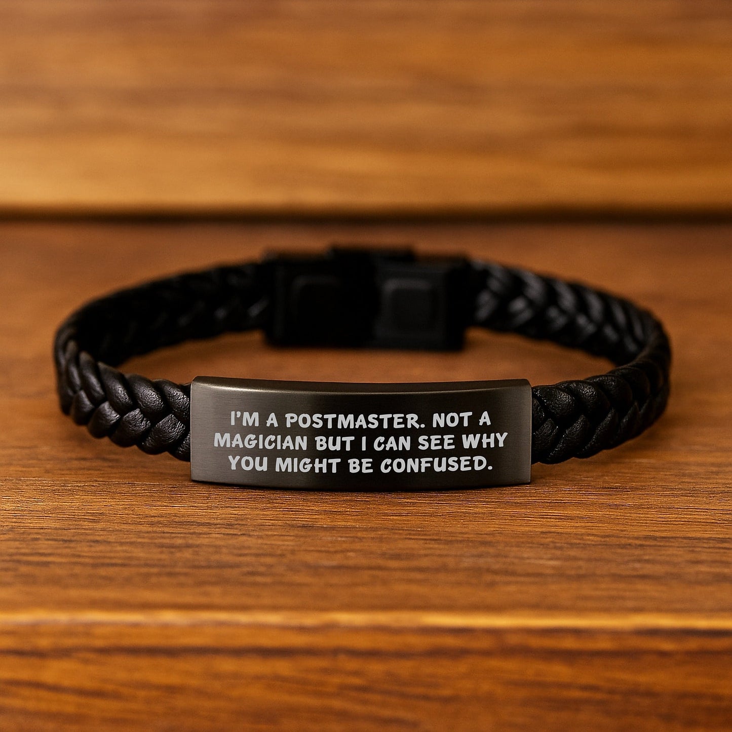 Funny Postmaster Gifts, Stainless Steel Interlaced Leather Birthday Braces from Friends to Men or Women, 'I'm A Postmaster. Not A Magician But I Can See Why You Might Be Confused.' - Victory Thru Vision
