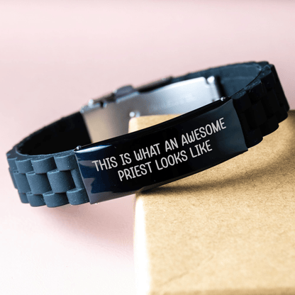 Funny Priest Gifts: 'This Is What An Awesome Priest Looks Like' Glide lock Clasp Adjustable Black Stainless Steel Silicone Men's Bracelet Gifts from Family for Father's Day - Victory Thru Vision