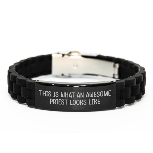 Funny Priest Gifts: 'This Is What An Awesome Priest Looks Like' Glide lock Clasp Adjustable Black Stainless Steel Silicone Men's Bracelet Gifts from Family for Father's Day - Victory Thru Vision