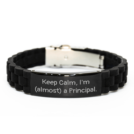 Funny Principal Gifts - 'Keep Calm, I'm (almost) A Principal.' Glide lock Clasp Black Stainless Steel Silicone Adjustable Bracelet for Men, Women, & Friends, Perfect for Father's Day - Victory Thru Vision