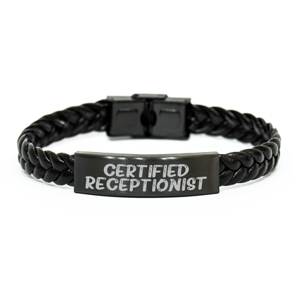 Funny Quote Certified Receptionist Receptionist Gifts for Men from Coworkers on Father's Day Interlaced Leather Bracelet - Victory Thru Vision