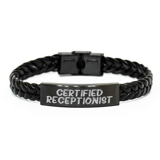 Funny Quote Certified Receptionist Receptionist Gifts for Men from Coworkers on Father's Day Interlaced Leather Bracelet - Victory Thru Vision