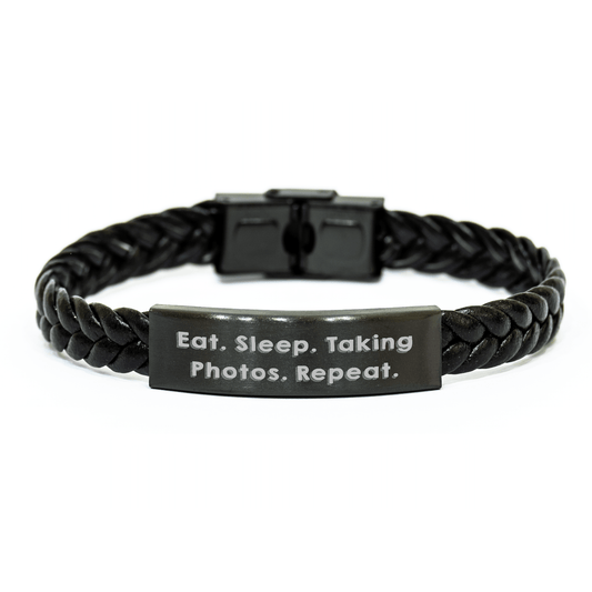 Funny Quote Interlaced Leather Taking Photos Gift for Men from Family, Eat. Sleep. Taking Photos. Repeat. - 7.87 inches Long - Victory Thru Vision 