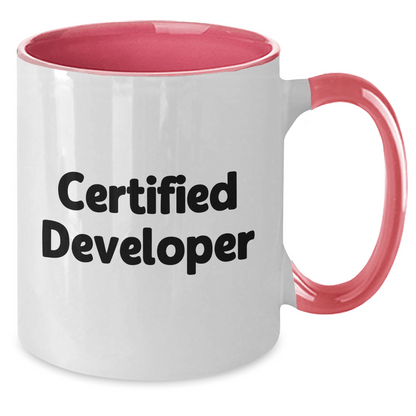 Funny Quotes for Developers, Gifts from Friends for Mother's Day, Two Tone Coffee Mug, 11oz Ceramic, Microwave and Dishwasher Safe, Black and White, Red and White, Navy and White, Pink and White - Victory Thru Vision 