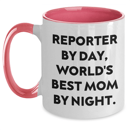 Funny Reporter Gifts from Mom By Night, Two Tone Coffee Mugs for Reporter By Day, Graduation Unique Gifts for Him, Her, or Friends - Victory Thru Vision