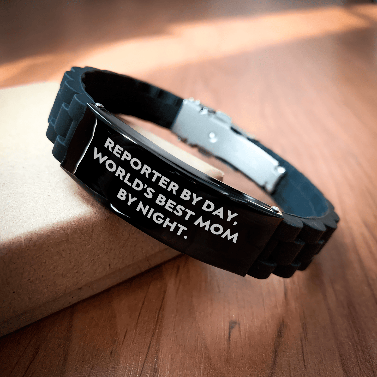 Funny Reporter Gifts - 'Reporter By Day, World's Best Mom By Night' Glide lock Clasp Black Stainless Steel Adjustable Graduate Gift for Women from Mom - Victory Thru Vision