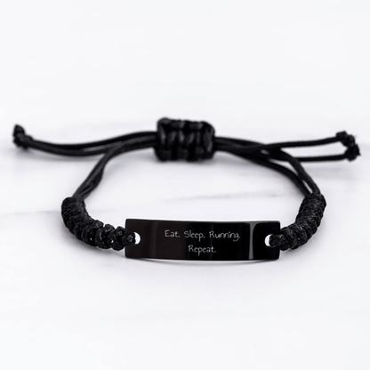 Funny Running Rope Bracelet Gifts from Friends for Graduation, Eat. Sleep. Running. Repeat., Adjustable Black Rope with Engraved Quote - Victory Thru Vision 
