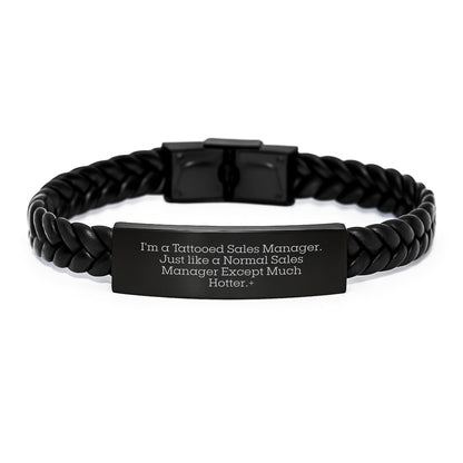 Funny Sales Manager Gifts, Interlaced Leather Bracelet for Graduation from Friends, Coworkers, or Family - 'I'm A Tattooed Sales Manager. Just Like A Normal Sales Manager Except Much Hotter.' - Victory Thru Vision