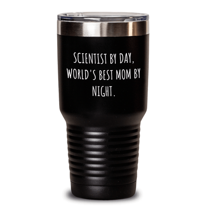 Funny Scientist Mom Gifts for Him - Stainless Steel Tumbler, 'Scientist By Day, World's Best Mom By Night.' Quote, 20oz or 30oz Capacity, Vacuum-Insulated, Gifts from Mom, Perfect for Father's Day - Victory Thru Vision 