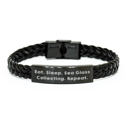 Funny Sea Glass Collecting Gifts for Dad - Interlaced Leather Bracelet, Eat. Sleep. Sea Glass Collecting. Repeat., Unique Father's Day Presents from Men - Victory Thru Vision 