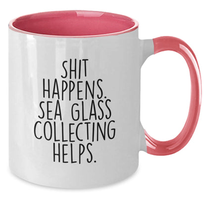Funny Sea Glass Collecting Gifts from Friends, Coworkers, or Family - 'Shit Happens. Sea Glass Collecting Helps.' Two Tone Coffee Mug for Graduation - Victory Thru Vision