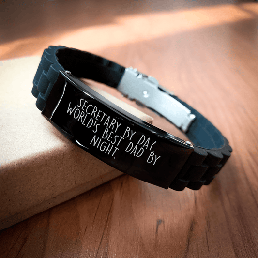 Funny Secretary Gifts from Dad - Secretary By Day, World's Best Dad By Night. Glide lock Clasp Black Stainless Steel Silicone Adjustable Mother's Day Unique Gift for Her - Victory Thru Vision 