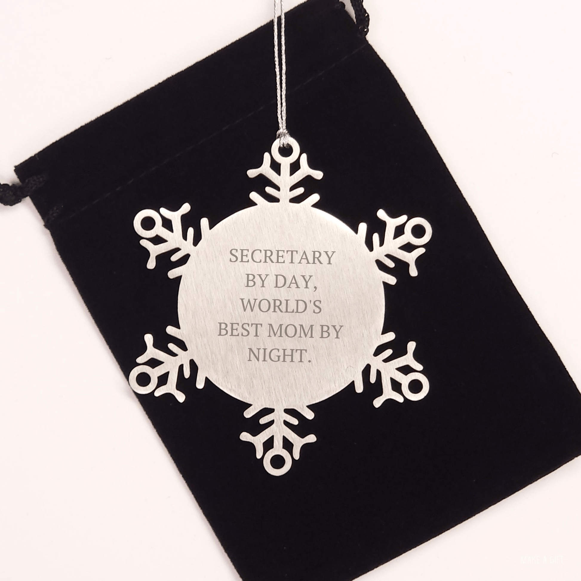 Funny Secretary Gifts from Mom - Snowflake Ornament for Christmas, 'Secretary by Day, World's Best Mom by Night.' - Victory Thru Vision
