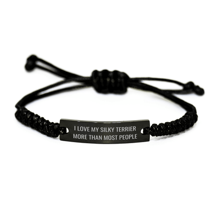 Funny Silky Terrier Dog Gifts for Men, 'I Love My Silky Terrier More Than Most People', Black Rope Adjustable Bracelet, Father's Day Unique Gifts from Family - Victory Thru Vision