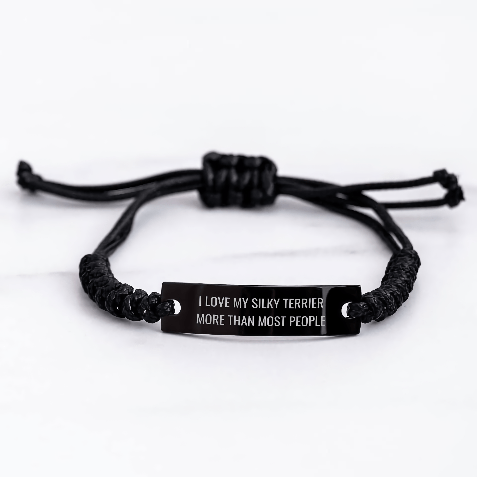 Funny Silky Terrier Dog Gifts for Men, 'I Love My Silky Terrier More Than Most People', Black Rope Adjustable Bracelet, Father's Day Unique Gifts from Family - Victory Thru Vision
